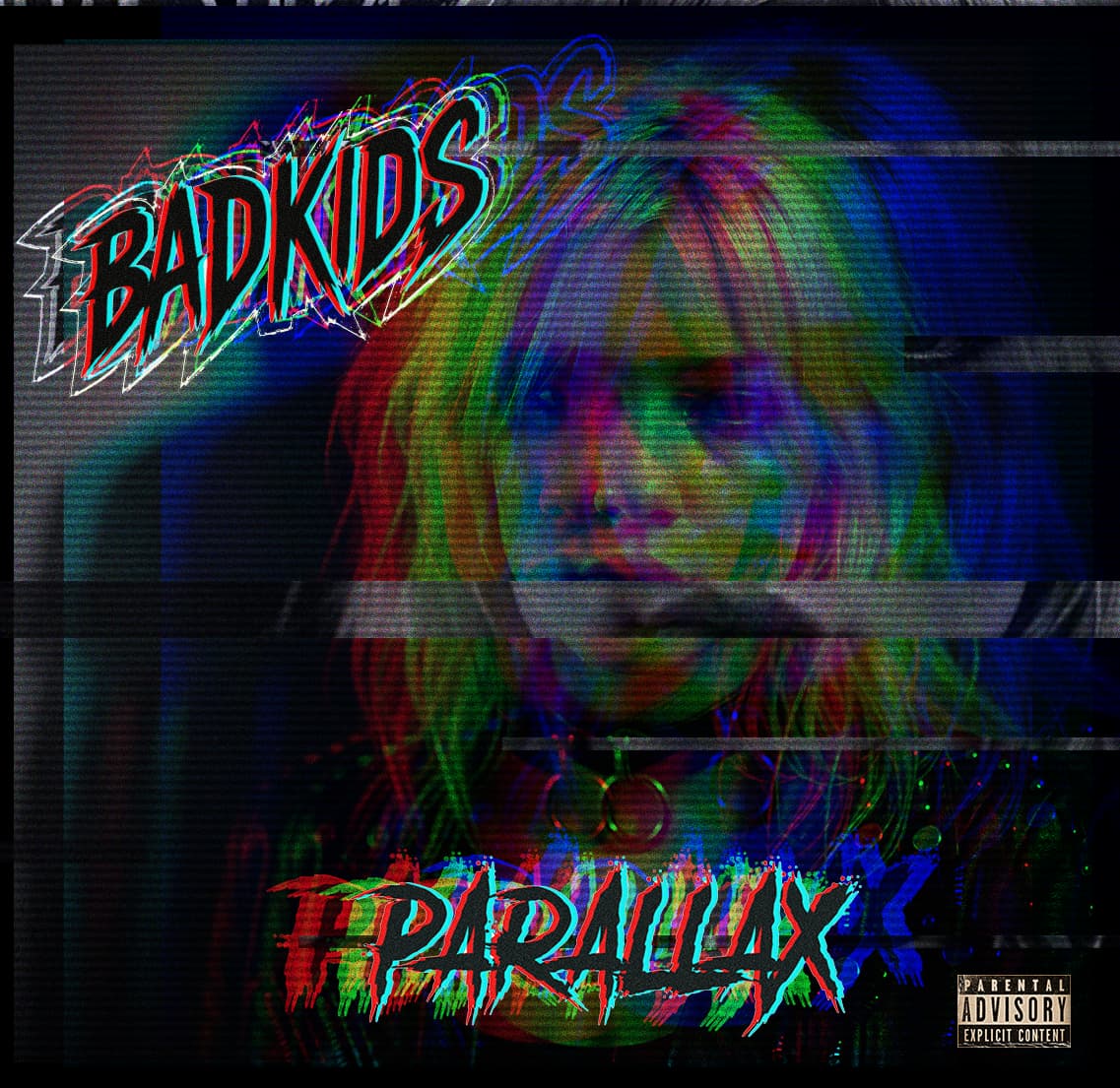 PARALLAX album artwork — glitched VHS portrait